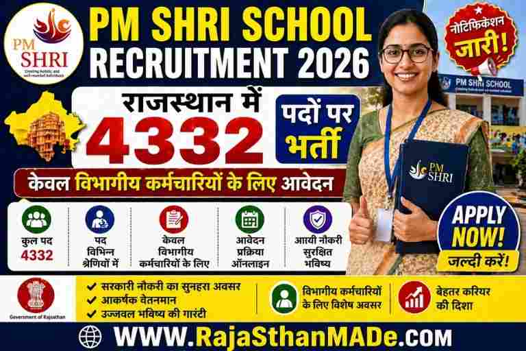 PM SHRI School Recruitment 2026: राजस्थान में 4332 पदों पर भर्ती | केवल विभागीय कर्मचारियों के लिए आवेदन