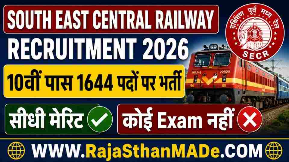 South East Central Railway Recruitment 2026: 10वीं पास 1644 पदों पर भर्ती, सीधी मेरिट, कोई Exam नहीं
