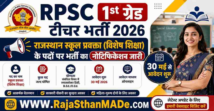 RPSC 1st Grade Teacher Vacancy 2026 : राजस्थान स्कूल प्रवक्ता (विशेष शिक्षा) के पदों पर भर्ती का नोटिफिकेशन जारी, 30 मई से आवेदन शुरू
